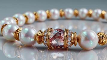 Elegant pearl bracelet with gold accents and sparkling gemstones displayed on a reflective surface photo
