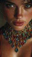 Stunning close-up portrait of a young woman adorned with vibrant jewelry in an artistic setting photo