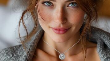 Elegant woman with blue eyes and a diamond pendant wearing a cozy sweater in a softly lit room photo