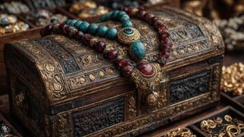 Intricately designed chest adorned with gemstones and jewelry displayed in a market setting photo