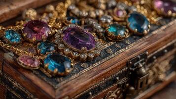 Decorative treasure chest adorned with colorful gemstones and intricate details displayed elegantly on a wooden surface photo