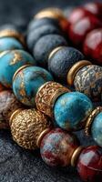 Colorful handmade beads showcasing intricate designs and textures at a craft market in the afternoon light photo
