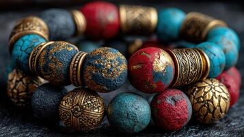 Colorful handmade bracelet with intricate patterns displayed on a textured surface photo