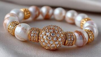 Elegant pearl and gold bracelet with intricate design and sparkling accents displayed on soft fabric photo