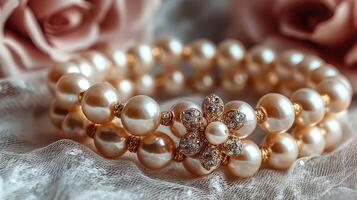 Elegant pearl bracelet adorned with floral design and sparkling accents placed on delicate lace with roses in the background photo