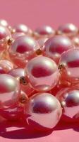 Pink pearl beads elegantly arranged on a vibrant surface for a trendy accessory showcase photo