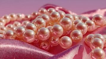 Delicate pink pearls scattered artistically on luxurious satin fabric photo