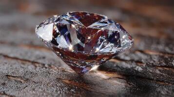 Brilliant cut diamond shining brightly on textured wooden surface in natural light photo