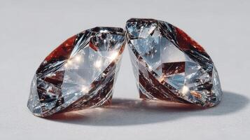 Brilliantly cut diamonds displaying unique facets and reflecting light against a simple background photo