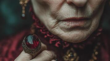 Elegant elderly woman showcasing intricate jewelry with a focus on a ruby ring in a vintage setting photo