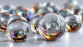Clear glass orbs reflecting light create a stunning visual display on a smooth surface in a well-lit environment photo