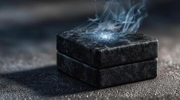 Mysterious black box emits smoke in an atmospheric setting at dusk photo