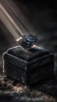 Shining black diamond resting on a luxurious velvet display box illuminated by soft light rays photo