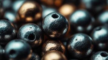 Metallic beads display intricate textures and colors, perfect for crafting and jewelry making photo