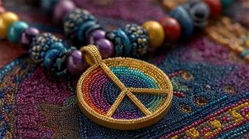 Colorful beaded necklace with peace symbol resting on intricate fabric background during a vibrant market display photo