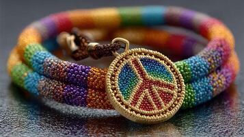 Colorful beaded bracelet with peace symbol displayed on a dark surface during daylight photo