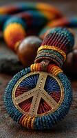 Colorful bead necklace with peace symbol displayed on textured surface in natural light photo