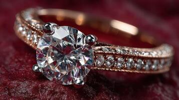 Stunning diamond engagement ring with intricate rose gold band displayed on textured red surface photo