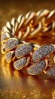 Gold chain link bracelet adorned with diamonds reflecting light on a sparkling background photo