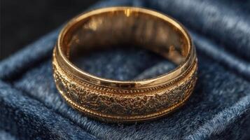 Elegant gold ring with intricate design displayed on a soft blue velvet background photo