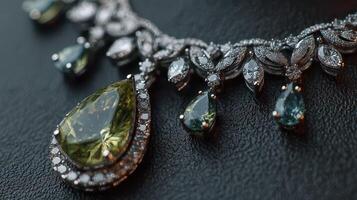 Elegant necklace with green gemstone and intricate silver detailing displayed on black surface photo