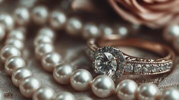 Elegant diamond ring surrounded by lustrous pearls on soft fabric in a warm lighting setup photo