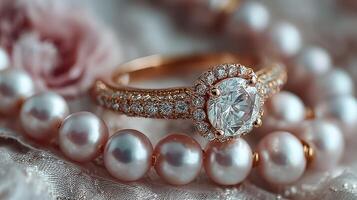 Elegant rose gold ring with diamond centerpiece and pearl necklace on soft fabric with floral accents photo
