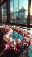 Elegant pink pearl necklace beautifully displayed against a sunlit urban backdrop in a stylish indoor setting photo