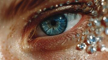 Close-up view of a stunning blue eye adorned with sparkling jewels and vivid details in natural light photo