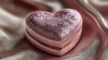 Heart-shaped velvet box resting on soft satin fabric creating an elegant display for jewelry or keepsakes photo