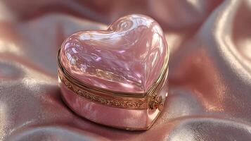 Delicate heart-shaped jewelry box rests elegantly on soft pink fabric showcasing its intricate design and shimmering surface photo