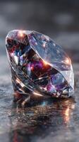 Shimmering cut diamond resting on a surface with reflections in a softly lit setting photo