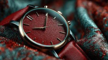 Luxury watch displayed on textured red fabric in a close-up view showcasing its elegant design and craftsmanship photo