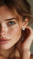 Model showcases elegant earrings with striking blue eyes and fresh makeup in a close-up setting photo