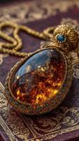 Exquisite antique pendant with amber stone and intricate gold detailing resting on ornate leather background photo