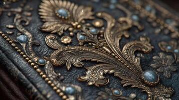 Detailed craftsmanship on a leather-bound book with ornate gold and blue embellishments showcasing intricate designs photo