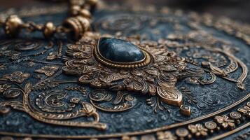 Intricate metallic ornament with a dark stone centerpiece showcasing detailed craftsmanship and artistic skill photo