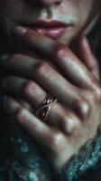 Close-up of a hand adorned with a delicate ring during a serene moment in a softly lit room photo