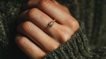 Close-up of a hand showcasing an elegant engagement ring against a cozy, knitted sweater backdrop photo