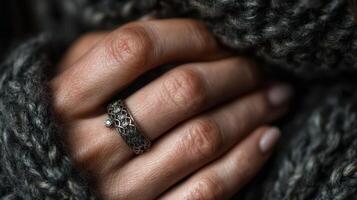 Intricate silver ring glimmers on a hand wrapped in a cozy, textured sweater during a chilly day photo