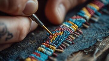 Craftsperson creates intricate beadwork in a workshop during late afternoon light showing dedication to traditional art forms photo