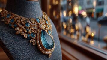 Elegant blue gemstone necklace on display at a luxurious jewelry store during sunset photo