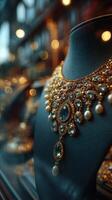 Elegant necklace display in a jewelry store showcasing intricate craftsmanship and shimmering gemstones at twilight photo