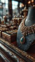 Exquisite handcrafted jewelry displayed in an antique shop with intricate designs and shining gemstones photo