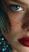 Close-up of a woman showcasing striking makeup and unique accessories in a vibrant fashion setting photo
