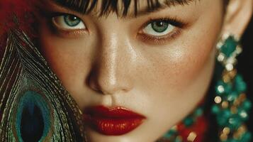 Stunning close-up of a model showcasing dramatic makeup and intricate accessories in a vibrant, artistic expression photo