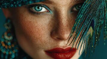Close-up portrait of a model with striking blue eyes and colorful makeup featuring a dramatic feather accessory photo
