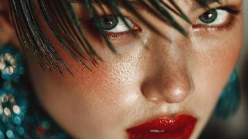Close-up of a model showcasing bold makeup and striking earrings with rich colors during a fashion event in an urban setting photo