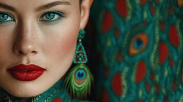 Model showcases vibrant makeup and jewelry against colorful patterned backdrop in a fashion display photo
