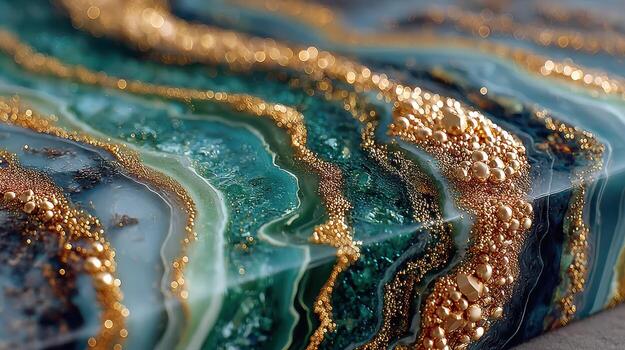 Stunning close-up of a geode revealing intricate green and gold patterns with shimmering textures photo